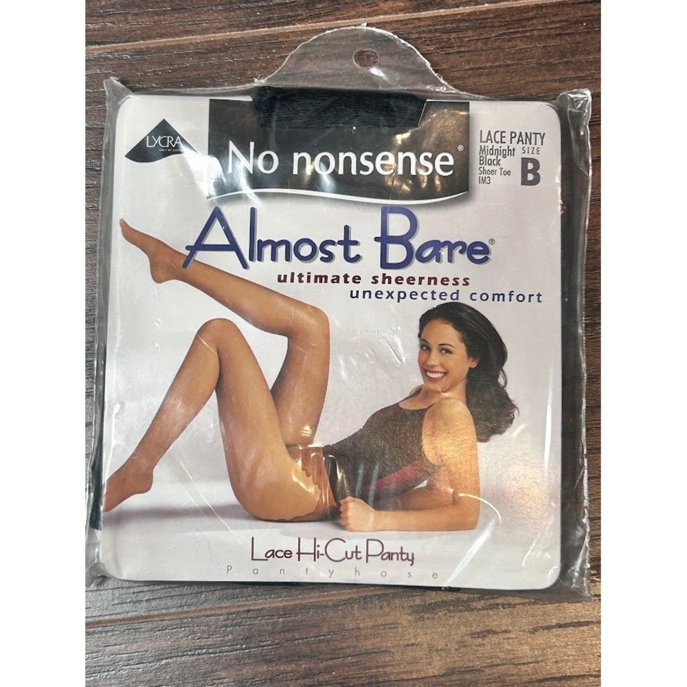 No Nonsense Almost Bare Lace‎ Hi Cut Pantyhose Size B Midnight Black Sheer Toe